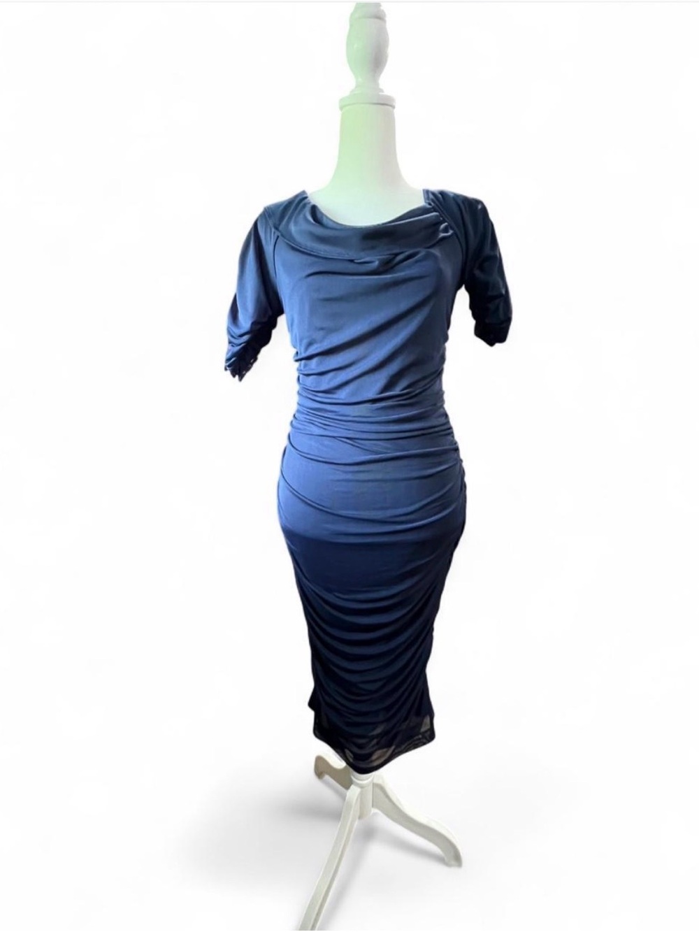 VENUS Navy Blue Ruched Midi Dress with Cowl Neck